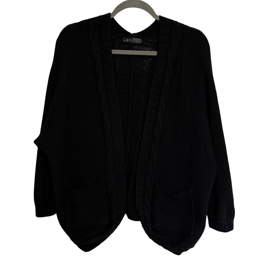 En Creme Womens Oversized L/XL Cable Knit Cardigan Sweater Black Open Front